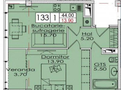 Apartament cu 1 cameră, 44 mp, Estate Bellavista, Dumbrava, Chișinău.