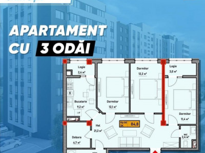 Vânzare apartament cu 3 camere! Complexul Rezidențial Cartușa (Durlești)
