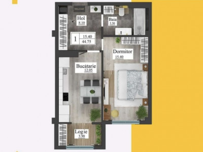 Apartament cu 1 cameră, 44,75mp, complexul Artima, Buiucani, str. Calea Ieșilor.