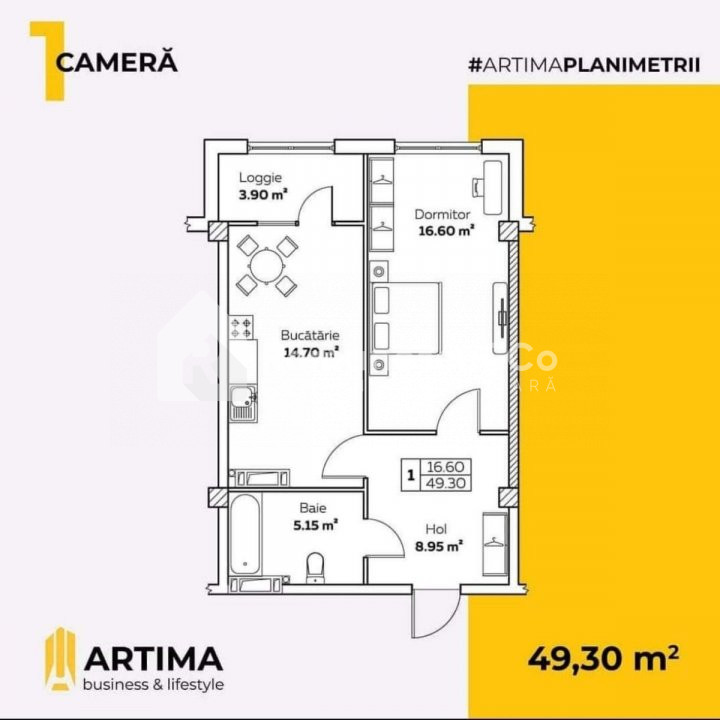 Apartament cu 1 cameră, 49,31 mp, Centru, Artima-Inamstro, parcul Alunelul. 1