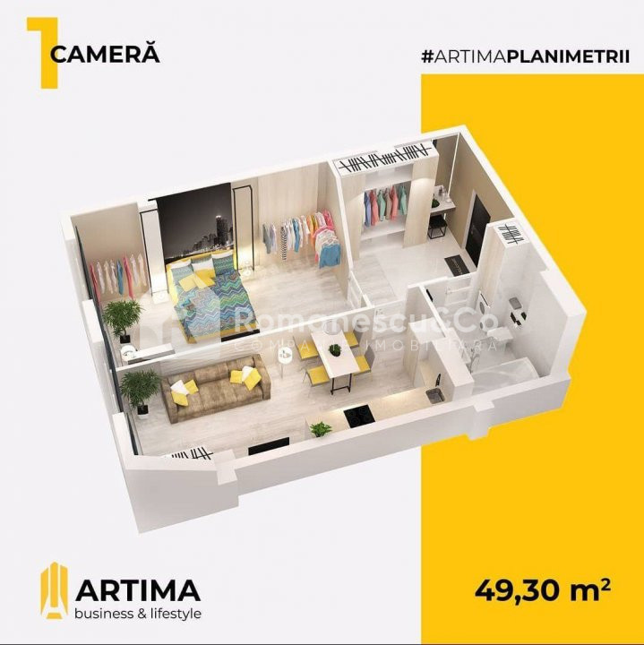 Apartament cu 1 cameră, 50 mp, Centru, Artima, Inamstro. 3