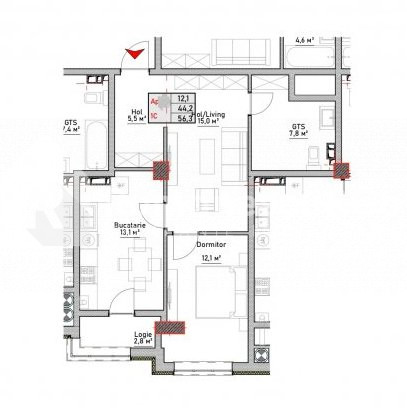 Apartament cu 1 cameră + living, bloc nou, variantă albă, Durlești. 7